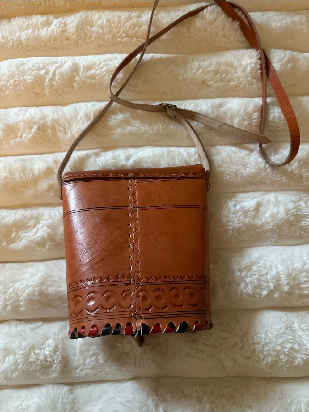 Handcrafted Brown Leather Messenger Bag with Black & Red Accents